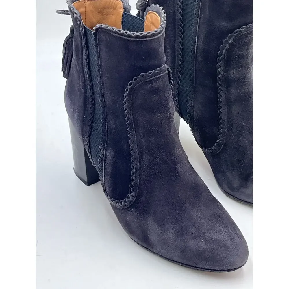 Aquazzura Firenze Black Gray Suede Tristan Fringe Ankle Bootie‎ Tassel 37.5,Sz 7